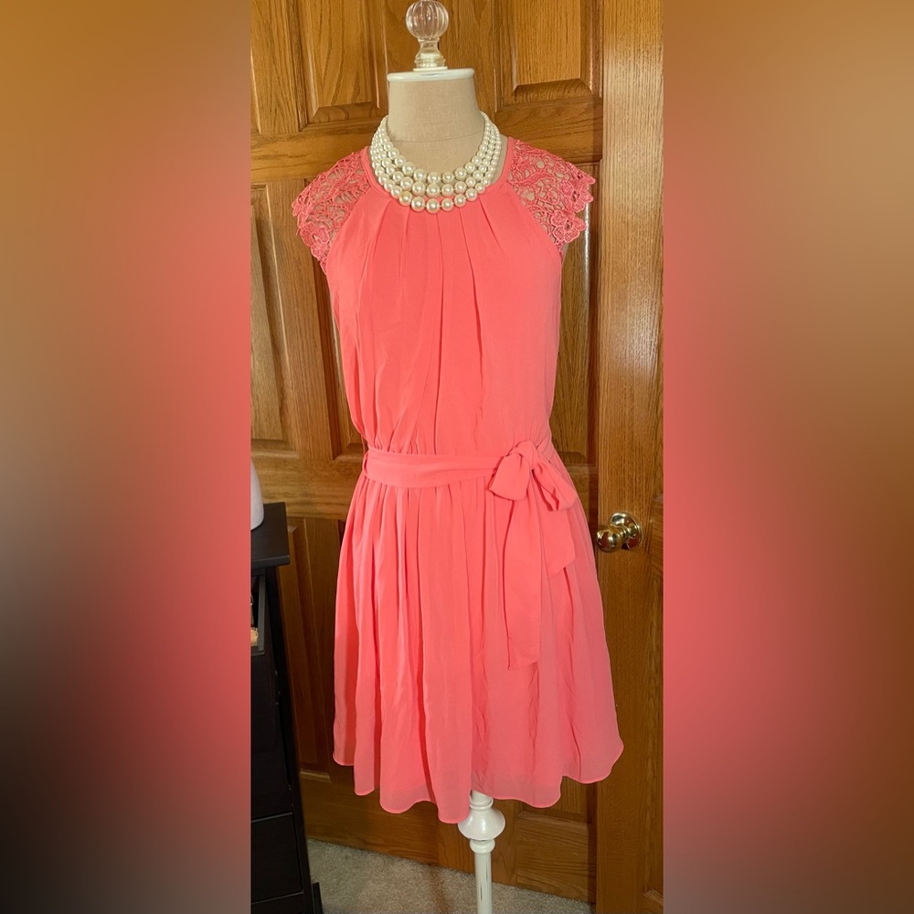 Women' A. Byer Blouson Coral Dress, Solid/Sheer, Crochet Cap Sleeves.
